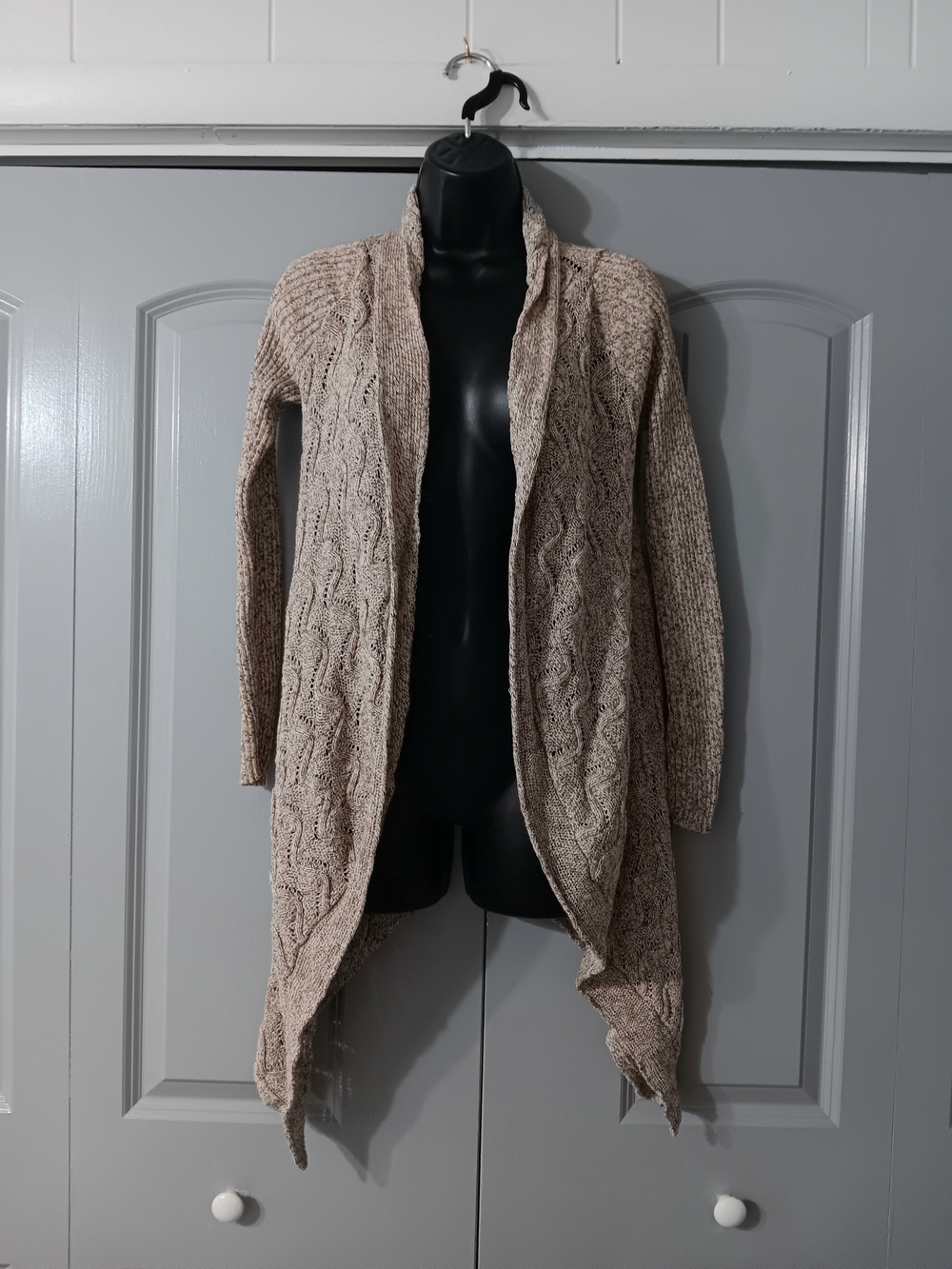 Cynthia Rowley Taupe Open-Front Cable Knit Draped Cardigan